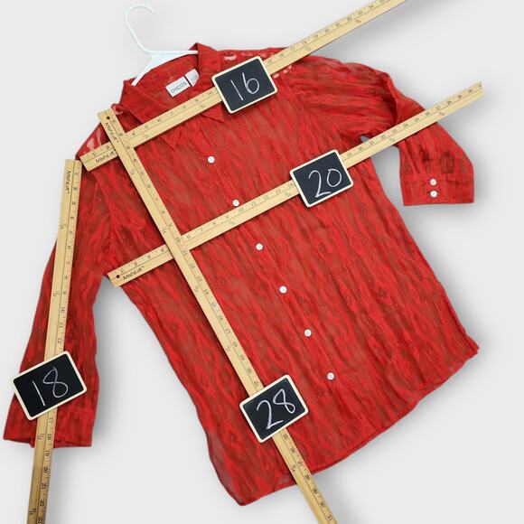 Chicos Womens Shirt Size Chicos 2 Standard Large 12 Red Button Front Sheer - Picture 4 of 13